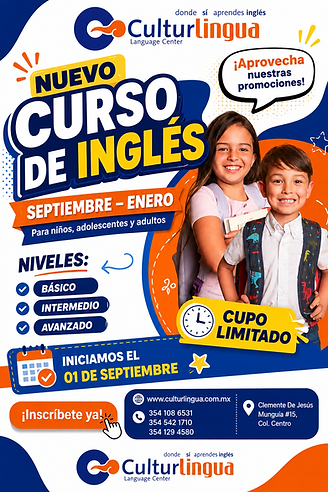 Nuevo curso de inglés, septiembre a enero, niveles básico, intermedio y avanzado. Inicia el 1 de septiembre.